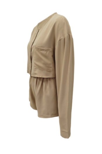 Early autumn new stylish solid color single breasted top with short inelastic casual two-piece set