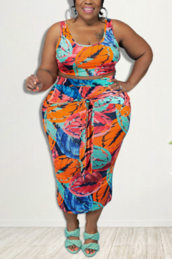 2xl-5xl summer multicolor batch printing stretch vest with midi skirt stylish two-piece set