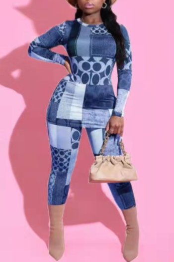 contrast color plus size new stylish printed round neck long sleeve casual stretch two-piece set