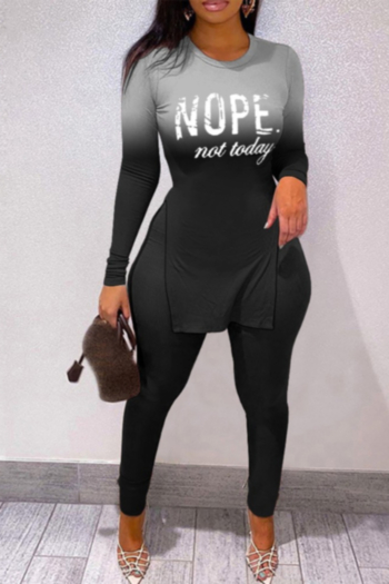 autumn new plus size letter gradient printing stretch slit hem top with pants stylish casual two-piece set