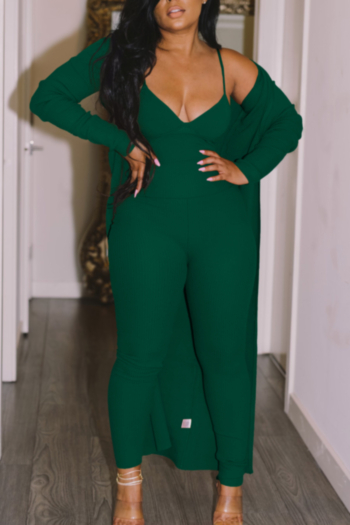 pure color plus size 4 colors autumn new stylish sling jumpsuit with long cardigan stretch two-piece set