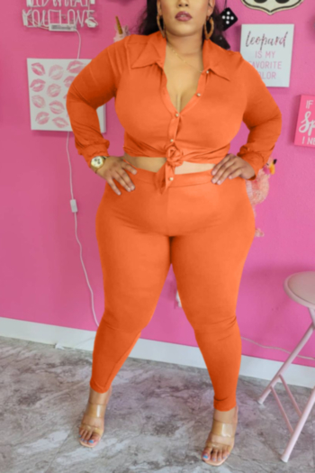 plus size xl-4xl solid color autumn new stylish single breasted stretch casual simple two-piece set