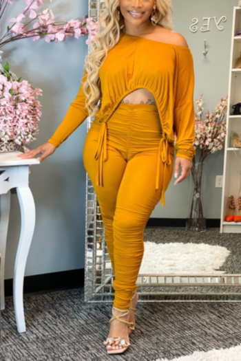 autumn plus size five colors stretch boat-neck drawstring irregular top with high waist ruched pants stylish two-piece set