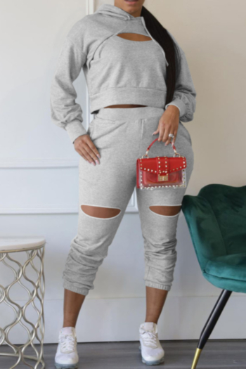 autumn new simple solid color hollowed plus size pocket stretch hole hooded casual two-piece set