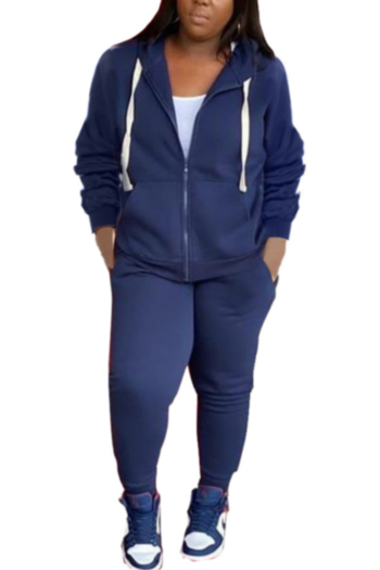 l-4xl plus size autumn new solid color zip-up 7 colors pocket hooded stretch casual two-piece set