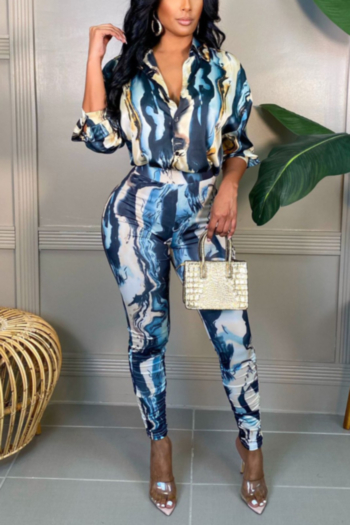 autumn new stylish plus size micro-elastic single-breasted tie-dye batch printing casual two-piece set