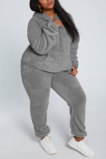 winter new stylish solid color 6 colors plus size micro-elastic hooded pocket plush casual two-piece set
