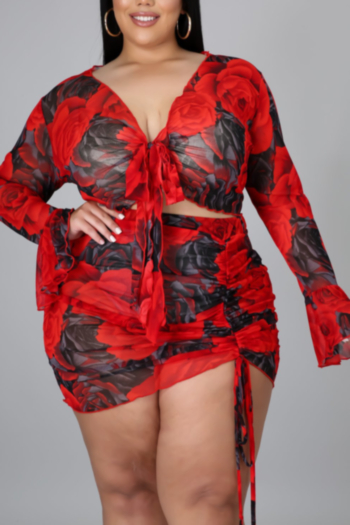 early autumn batch printing plus size l-4xl mesh see through sexy stretch two-piece set