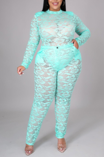 early autumn lace see through plus size el-4xl stretch bodysuit with pants sexy two-piece set (without lining)