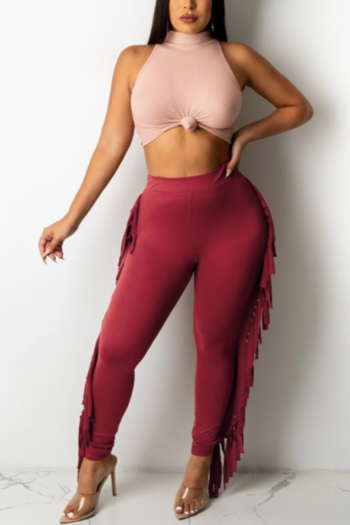 solid color summer plus size new stylish high collar vest with tassel pants stretch casual two-piece set