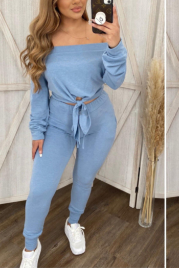 autumn new stylish simple solid color stretch pocket off-shoulder casual two-piece set
