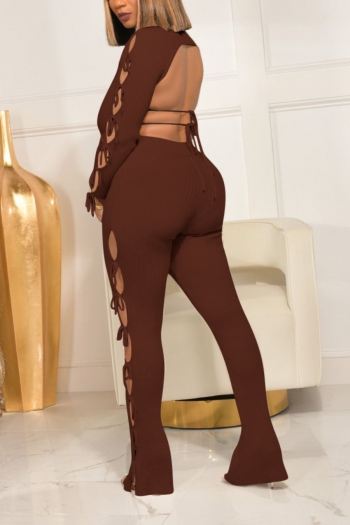 autumn new stylish hollow lace-up plus size solid color stretch ribbed backless sexy two-piece set