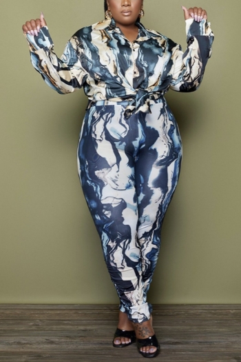 l-4xl plus size autumn new stylish single-breasted stretch tie-dye batch printing casual two-piece set