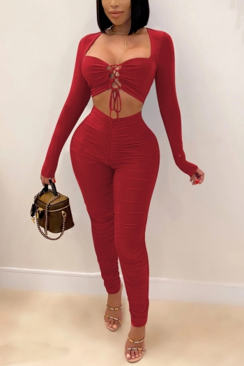 autumn new stylish solid color stylish lace-up hollow plus size pleated slim sexy two-piece set