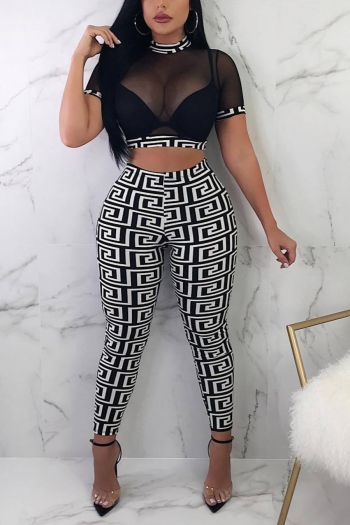 spring new stylish mesh patchwork see-through contrast color plus size stretch slim sexy two-piece set