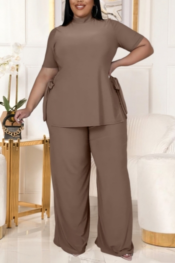 xl-5xl plus size spring new stylish simple solid color stretch loose wide leg pants slit casual two-piece set