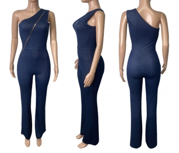 Spring new stylish simple solid color micro-elastic zip-up plus size one shoulder sexy denim jumpsuit