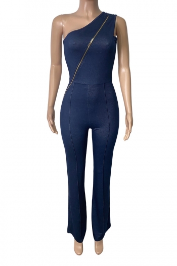 Spring new stylish simple solid color micro-elastic zip-up plus size one shoulder sexy denim jumpsuit