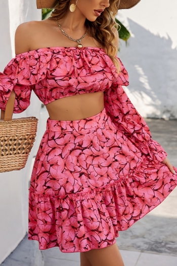 Spring new stylish batch printing micro-elastic off-shoulder backless pleated casual two-piece set