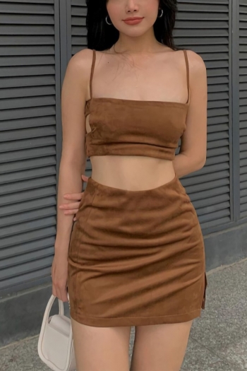 Summer solid color stretch sling hollow vest with slit mini skirt sexy adorable two-piece set