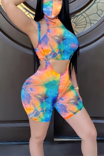 summer new stylish tie-dye batch printing plus size stretch high collar backless face-cover sexy two-piece set
