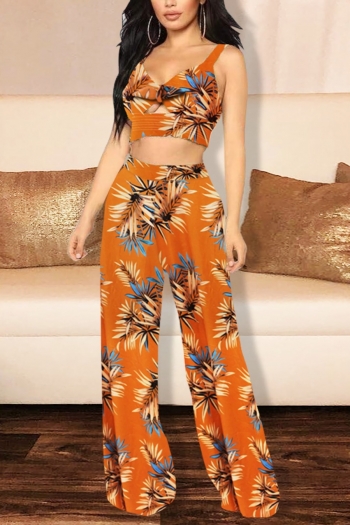summer new stylish hollow multicolor batch printing sling plus size stretch wide leg pants backless sexy two-piece set