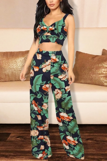 summer new stylish hollow batch printing sling plus size stretch wide leg pants backless sexy two-piece set