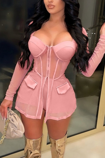 spring new plus size four colors see through mesh spliced stretch low-cut zip-up sexy two-piece set