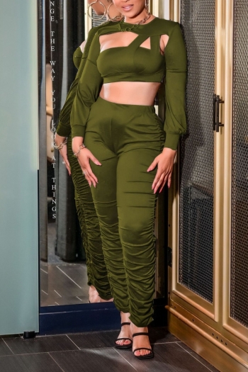 spring new plus size solid color stretch irregular hollow crop top with high waist ruched pants stylish two-piece set
