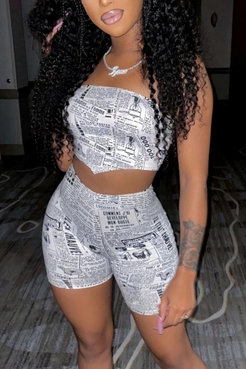 summer plus size three colors newspaper batch printing stretch tube top with shorts stylish adorable two-piece set
