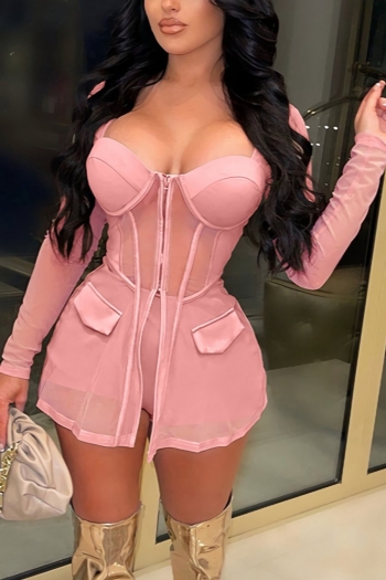 spring new stylish mesh patchwork see-through stretch 4 colors plus size zip-up sexy two-piece set