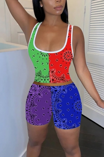 summer new stylish contrast color printing stretch slim plus size casual two-piece set