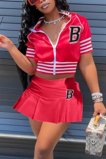 summer new plus size six colors letter printing spliced stretch zip-up top with mini skirt baseball sports sweet two-piece set