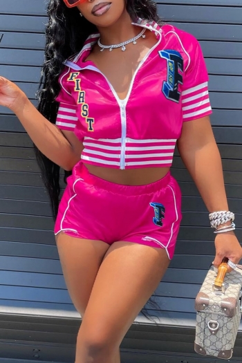 summer new plus size six colors letter printing spliced stretch zip-up top with shorts baseball sports sweet two-piece set