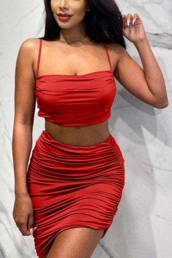 summer new stylish simple solid color pleated sling backless stretch slim sexy two-piece set