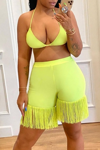 summer new stylish simple solid color halter neck backless stretch slim plus size tassel sexy two-piece set