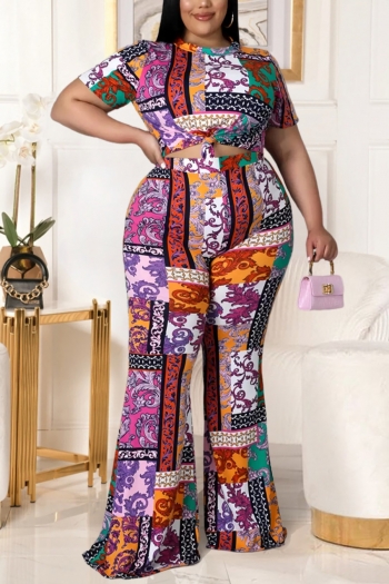 xl-5xl plus size spring new stylish multicolor batch printing short sleeve high waist flared pants casual two piece set