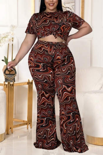 xl-5xl plus size spring new stylish tie dye batch printing short sleeve high waist flared pants casual two piece set