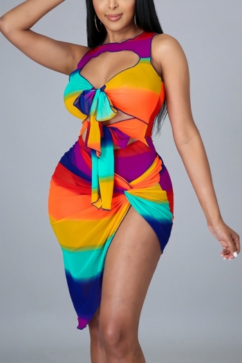 summer new stylish stretch rainbow striped hollow lace up back zip-up high split sexy silm two-piece set