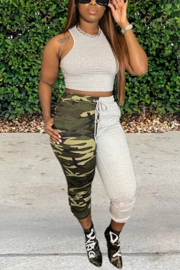 summer new plus size two colors camo spliced stretch vest with tie-waist pockets pants stylish two-piece set