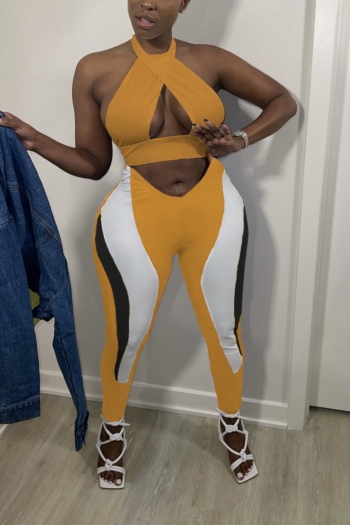 summer new plus size three colors stretch hollow halter-neck crop vest with tight pants sexy stylish two-piece set