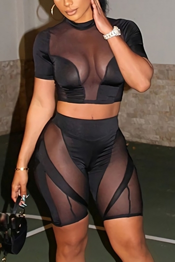 summer new plus size solid color high stretch see through mesh patchwork slim sexy two-piece set