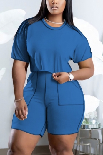 l-5xl plus size summer new stylish solid color stretch wave edge with pockets fashion casual two-piece set