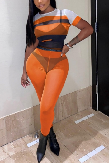 summer new stylish 5-colors mesh patchwork see-through contrast color stretch plus size orange sexy two-piece set