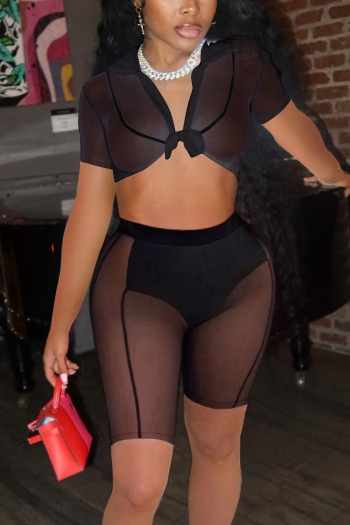 summer new stylish simple mesh patchwork see-through stretch slim plus size sexy two-piece set