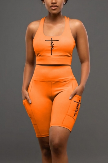 summer new stylish simple 4 colors letter printing stretch pocket plus size orange backless casual two-piece set