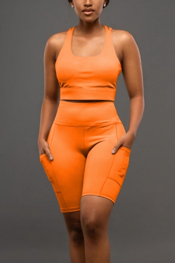 summer new stylish simple 4 colors solid color stretch pocket plus size orange backless casual two-piece set