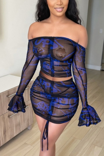 spring & summer plus size letter batch printing stretch off the shoulder bell-sleeve drawstring see through mesh sexy two-piece set (without lining)