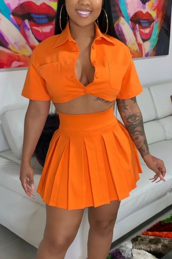 xs-xl spring new stylish simple pure color orange pocket stretch single-breasted pleated casual two-piece set(new add color)