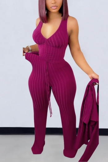 spring & summer plus size solid color stretch drawstring vest pants with cardigan stylish three-piece set